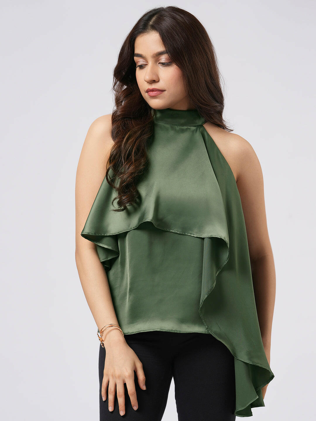 Asymmetrical Satin Halter Top.